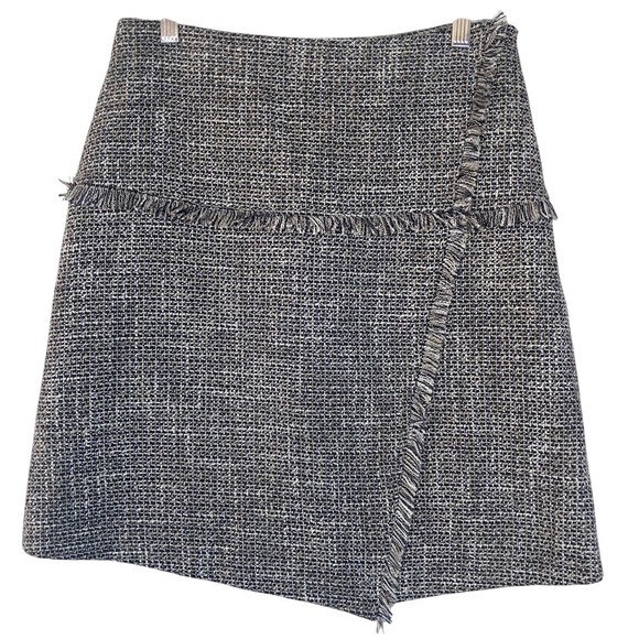 HALOGEN 8 Tweed A-Line Short Skirt Fringe Asymmetric Black White & Metallic - Picture 1 of 8